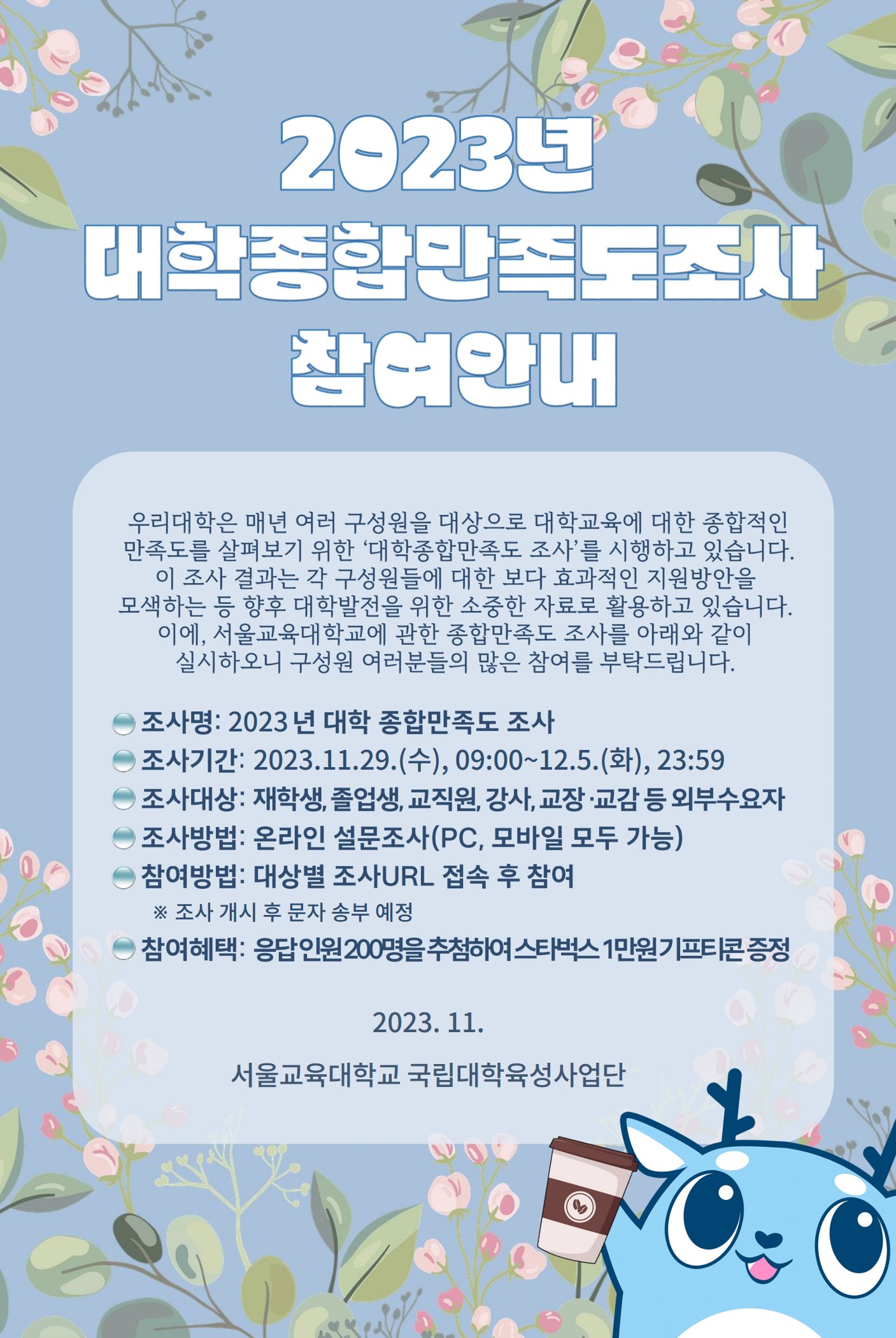 2023년 대학종합만족도조사 참여안내 우리대학은 매년 여러 구성원을 대상으로 대학교육에 대한 종합적인 만족도를 살펴보기 위한 대학종합만족도 조사를 시행하고 있습니다. 이 조사 결과는 각 구성원들에 대한 보다 효과적인 지원방안을 모색하는 등 향후 대학발전을 위한 소중한 자료로 활용하고 있습니다. 이에, 서울교육대학교에 관한 종합만족도 조사를 아래와 같이 실시하오니 구성원 여러분들의 많은 참여를 부탁드립니다. 조사명: 2023년 대학종합만족도 조사 조사기간: 2023.11.29.(수), 09:00~12.5.(화), 23:59 조사대상: 재학생, 졸업생, 교직원, 강사, 교장·교감 등 외부수요자 조사방법: 온라인 설문조사(PC, 모바일 모두 가능) 참여방법: 대상별 조사URL 접속 후 참여 ※ 조사 개시 후 문자 송부 예정 참여혜택: 응답 인원 200명을 추첨하여 스타벅스 1만원 기프티콘 증정 2023. 11. 서울교육대학교 국립대학육성사업단