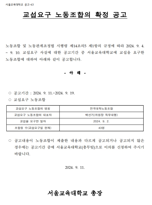 교섭요구 노동조합의 확정 공고