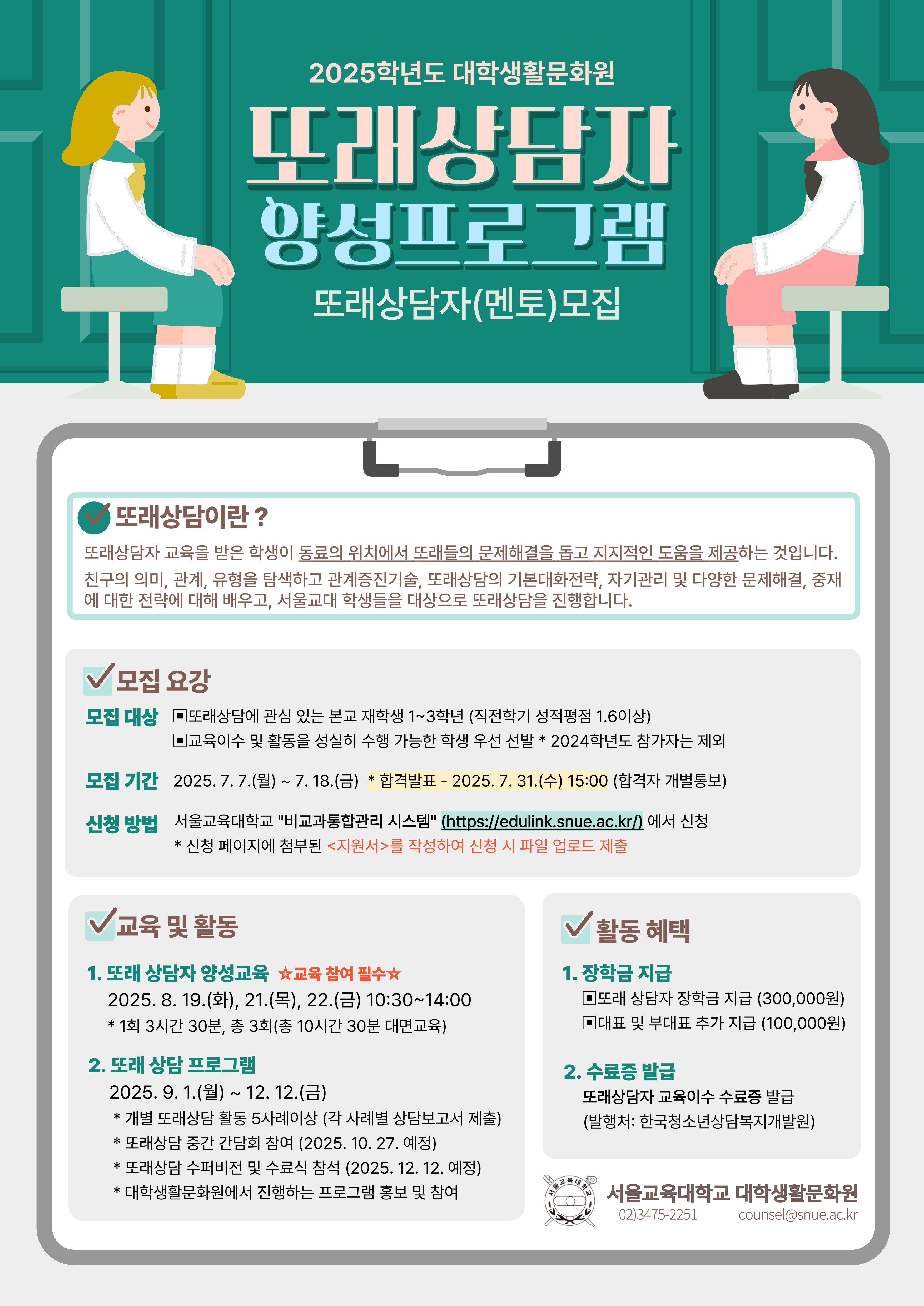 2025학년도 대학생활문화원 또래상담자 양성프로그램 또래상담자(멘토) 모집  또래상담이란? 또래상담자 교육을 받은 학생이 동료의 위치에서 또래들의 문제해결을 돕고 지지적인 도움을 제공하는 것입니다. 친구의 의미, 관계, 유형을 탐색하고 관계증진기술, 또래상담의 기본대화전략, 자기관리 및 다양한 문제해결, 중재에 대한 전략에 대해 배우고, 서울교대 학생들을 대상으로 또래상담을 진행합니다.  모집 요강  모집 대상: ▪ 또래상담에 관심 있는 본교 재학생 1~3학년 (직전학기 성적평점 1.6 이상) ▪ 교육이수 및 활동을 성실히 수행 가능한 학생 우선 선발 *2024학년도 참가자 제외  모집 기간: 2025. 7. 7.(월) ~ 7. 18.(금)  합격발표 - 2024. 7. 31.(수) 15:00 (합격자 개별통보)  신청 방법: 서울교육대학교 ‘비교과통합관리 시스템’ (https://edulink.snue.ac.kr/) 에서 신청  신청 페이지에 첨부된 <지원서>를 작성하여 신청 시 파일 업로드 제출  교육 및 활동  또래 상담자 양성 교육 (교육 필수) 2025. 8. 19.(화), 21.(목), 22.(금) 10:30~14:00  1회 3시간 30분, 총 3회(총 10시간 30분 대면교육)  또래 상담 프로그램 2025. 9. 1.(월) ~ 12. 12.(금) ▪ 개별 또래상담 활동 5차례 이상 (각 사례별 상담보고서 제출) ▪ 또래상담 중간 간담회 참여 (2025. 10. 27. 예정) ▪ 또래상담 수퍼비전 및 수료식 참석 (2025. 12. 12. 예정) ▪ 대학생활문화원에서 진행하는 프로그램 홍보 및 참여  활동 혜택  ▪ 장학금 지급  멘토링 상담자 장학금 지급 (300,000원)  대면 및 부대료 추가 지급 (100,000원)  ▪ 수료증 발급  또래상담자 교육이수 수료증 발급 (발행처: 한국청소년상담복지개발원)  서울교육대학교 대학생활문화원 02)3475-2251 counsel@snue.ac.kr