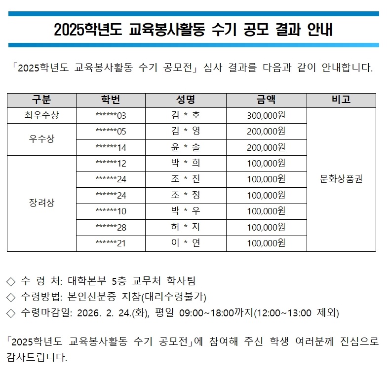 교육봉사활동 수기 공모 결과 안내