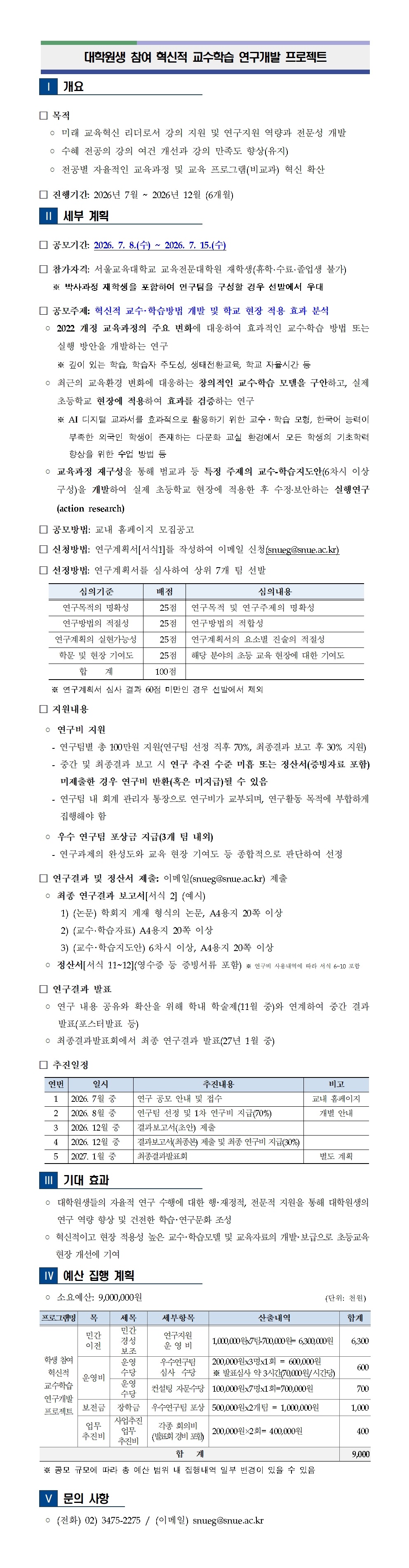 □ 목적   ◦ 미래 교육혁신 리더로서 강의 지원 및 연구지원 역량과 전문성 개발   ◦ 수혜 전공의 강의 여건 개선과 강의 만족도 향상(유지)   ◦ 전공별 자율적인 교육과정 및 교육 프로그램(비교과) 혁신 확산 □ 진행기간: 2026년 7월 ~ 2026년 12월 (6개월)   Ⅱ   세부 계획  □ 공모기간: 2026. 7. 8.(수) ~ 2026. 7. 15.(수) □ 참가자격: 서울교육대학교 교육전문대학원 재학생(휴학·수료·졸업생 불가)    ※ 박사과정 재학생을 포함하여 연구팀을 구성할 경우 선발에서 우대 □ 공모주제: 혁신적 교수･학습방법 개발 및 학교 현장 적용 효과 분석  ◦ 2022 개정 교육과정의 주요 변화에 대응하여 효과적인 교수․학습 방법 또는 실행 방안을 개발하는 연구     ※ 깊이 있는 학습, 학습자 주도성, 생태전환교육, 학교 자율시간 등  ◦ 최근의 교육환경 변화에 대응하는 창의적인 교수․학습 모델을 구안하고, 실제 초등학교 현장에 적용하여 효과를 검증하는 연구     ※ AI 디지털 교과서를 효과적으로 활용하기 위한 교수․학습 모형, 한국어 능력이 부족한 외국인 학생이 존재하는 다문화 교실 환경에서 모든 학생의 기초학력 향상을 위한 수업 방법 등  ◦ 교육과정 재구성을 통해 범교과 등 특정 주제의 교수-학습지도안(6차시 이상 구성)을 개발하여 실제 초등학교 현장에 적용한 후 수정․보안하는 실행연구(action research) □ 공모방법: 교내 홈페이지 모집공고 □ 신청방법: 연구계획서[서식1]를 작성하여 이메일 신청(snueg@snue.ac.kr) □ 선정방법: 연구계획서를 심사하여 상위 7개 팀 선발    심의기준 배점 심의내용 연구목적의 명확성   25점  연구목적 및 연구주제의 명확성 연구방법의 적절성   25점  연구방법의 적합성 연구계획의 실현가능성   25점  연구계획서의 요소별 진술의 적절성 학문 및 현장 기여도   25점  해당 분야의 초등 교육 현장에 대한 기여도 합    계 100점       ※ 연구계획서 심사 결과 60점 미만인 경우 선발에서 제외 □ 지원내용  ◦ 연구비 지원    - 연구팀별 총 100만원 지원(연구팀 선정 직후 70%, 최종결과 보고 후 30% 지원)    - 중간 및 최종결과 보고 시 연구 추진 수준 미흡 또는 정산서(증빙자료 포함) 미제출한 경우 연구비 반환(혹은 미지급)될 수 있음    - 연구팀 내 회계 관리자 통장으로 연구비가 교부되며, 연구활동 목적에 부합하게 집행해야 함  ◦ 우수 연구팀 포상금 지급(3개 팀 내외)    - 연구과제의 완성도와 교육 현장 기여도 등 종합적으로 판단하여 선정 □ 연구결과 및 정산서 제출: 이메일(snueg@snue.ac.kr) 제출  ◦ 최종 연구결과 보고서[서식 2] (예시)      1) (논문) 학회지 게재 형식의 논문, A4용지 20쪽 이상      2) (교수·학습자료) A4용지 20쪽 이상      3) (교수･학습지도안) 6차시 이상, A4용지 20쪽 이상  ◦ 정산서[서식 11~12](영수증 등 증빙서류 포함) ※ 연구비 사용내역에 따라 서식 6~10 포함 □ 연구결과 발표  ◦ 연구 내용 공유와 확산을 위해 학내 학술제(11월 중)와 연계하여 중간 결과 발표(포스터발표 등)  ◦ 최종결과발표회에서 최종 연구결과 발표(27년 1월 중) □ 추진일정   연번 일시 추진내용 비고 1 2026. 7월 중 연구 공모 안내 및 접수 교내 홈페이지 2 2026. 8월 중 연구팀 선정 및 1차 연구비 지급(70%) 개별 안내 3 2026. 12월 중 결과보고서(초안) 제출  4 2026. 12월 중 결과보고서(최종본) 제출 및 최종 연구비 지급(30%)  5 2027. 1월 중 최종결과발표회 별도 계획      Ⅲ  기대 효과   ◦ 대학원생들의 자율적 연구 수행에 대한 행･재정적, 전문적 지원을 통해 대학원생의 연구 역량 향상 및 건전한 학습･연구문화 조성  ◦ 혁신적이고 현장 적용성 높은 교수･학습모델 및 교육자료의 개발･보급으로 초등교육 현장 개선에 기여   Ⅳ  예산 집행 계획   ◦ 소요예산: 9,000,000원 (단위: 천원)   프로그램명 목 세목 세부항목 산출내역 합계 학생 참여 혁신적 교수학습 연구개발 프로젝트 민간 이전 민간 경성 보조 연구지원  운 영 비 1,000,000원x7팀-700,000원= 6,300,000원 6,300 운영비 운영 수당 우수연구팀  심사  수당 200,000원x3명x1회 = 600,000원 ※ 발표심사 약 3시간(70,000원/시간당) 600 운영 수당 컨설팅 자문수당 100,000원x7명x1회=700,000원  700 보전금 장학금 우수연구팀 포상 500,000원x2개팀 = 1,000,000원 1,000 업무 추진비 사업추진업무 추진비 각종 회의비 (발표회 경비 포함) 200,000원×2회= 400,000원 400 합   계 9,000   ※ 공모 규모에 따라 총 예산 범위 내 집행내역 일부 변경이 있을 수 있음    Ⅴ  문의 사항   ◦ (전화) 02) 3475-2275 / (이메일) snueg@snue.ac.kr
